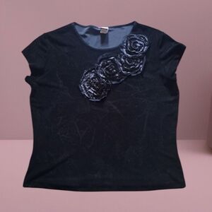 Hanky Panky Black Velvety Four Black Roses Short-sleeve Top Women's Size Large
